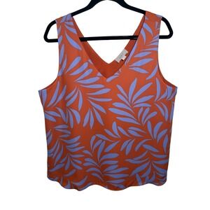 LOFT Rust Orange V-Neck Sleeveless Top with Lavender Leaf Print